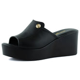 Tilda Siyah Hakiki Dana Derisi Metal Düğme Detaylı Önü Açık Dolgu Topuklu Terlik