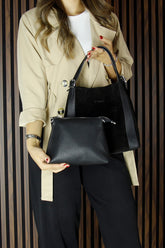 (VSN5012OC) Siyah Hakiki Dana Süet Manyetik Kapaklı Büyük Boy Günlük Omuz Çantası ve Askılı El Çantası