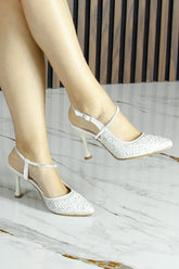 Perola İnci Beyaz Saten Taşlı İncili Arkası Açık Sivri Burun İnce Topuklu Abiye Gelin Ayakkabısı