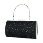 (ES0022AC) Siyah Saten Damla Kristal Taşlı Metal Saplı Zincirli Abiye El Çantası