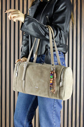 (VSN5020OC) Kum Hakiki Dana Süet Fermuarlı Üç Bölmeli Boncuk Aksesuarlı Günlük Büyük Boy Omuz Çantası