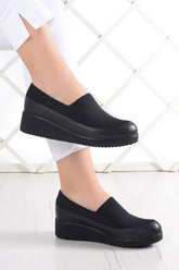 Rebecca Siyah Hakiki Deri Ön Yüz Streç Dolgu Topuklu Günlük Ayakkabı