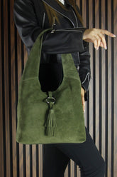 (VSN5015OC) Haki Hakiki Dana Süet Püsküllü Manyetik Kapaklı Orta Boy Günlük Omuz Çantası