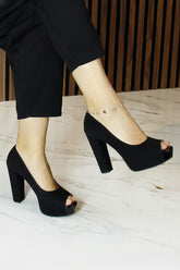 Carolina Siyah Süet Önü Açık Yuvarlak Burun Kalın Platform Topuklu Abiye Ayakkabı