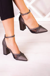 Molly Antrasit Saten Taşlı Fileli Kalın Topuklu Ayakkabı