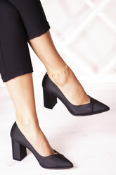 Belinda Plus Siyah Saten Kalın Topuklu Abiye Ayakkabı