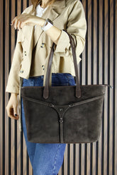 (VSN5018OC) Kahve Hakiki Dana Süet Fermuarlı Üç Bölmeli İç Cepli Büyük Boy Günlük Omuz Çantası