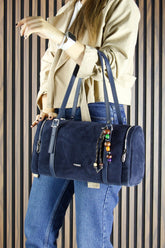 (VSN5020OC) Lacivert Hakiki Dana Süet Fermuarlı Üç Bölmeli Boncuk Aksesuarlı Günlük Büyük Boy Omuz Çantası