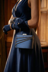 Lacivert Saten Taşlı Metal Saplı Zincir Askılı Abiye Çanta