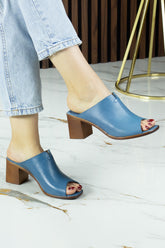 Valery Mavi Hakiki Dana Derisi Önü Açık Kalın Topuklu Terlik