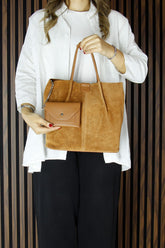 (VSN5010OC) Taba Hakiki Dana Süet Manyetik Kapaklı İç Cepli Askılı Günlük Büyük Boy Omuz Çantası ve Cüzdanı