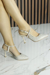 Perola Ten Saten Taşlı İncili Arkası Açık Sivri Burun İnce Topuklu Abiye Ayakkabı