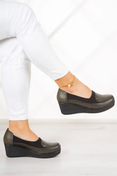 Priscilla Haki Hakiki Deri Dolgu Topuklu Streç Günlük Ayakkabı