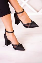 Molly Siyah Saten Taşlı Fileli Kalın Topuklu Ayakkabı