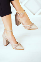 Molly Ten Saten Taşlı Fileli Kalın Topuklu Ayakkabı