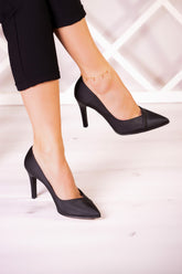 Victoria Siyah Saten Sivri Burun İnce Topuklu Abiye Ayakkabı