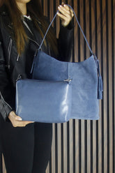 (VSN5016OC) Mavi Hakiki Dana Süet Püsküllü Manyetik Kapaklı Büyük Boy Günlük Omuz Çantası ve El Çantası