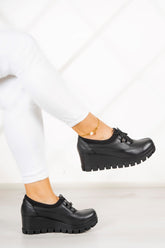 Olympia Siyah Hakiki Deri Dolgu Topuklu Günlük Ayakkabı