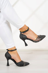 Çağla Siyah Saten Taşlı Şeffaf Tasarımlı Ayakkabı