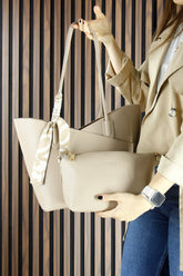 (VSN3094OCV) Kum Vegan Manyetik Kapaklı Büyük Boy Günlük Omuz Çantası ve Askılı El Çantası