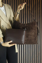 (VSN5016OC) Kahve Hakiki Dana Süet Püsküllü Manyetik Kapaklı Büyük Boy Günlük Omuz Çantası ve El Çantası