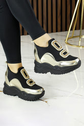 Almendra Altın Streç Taşlı Gizli Dolgu Topuklu Günlük Ayakkabı