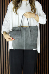 (VSN5010OC) Gri Hakiki Dana Süet Manyetik Kapaklı İç Cepli Askılı Günlük Büyük Boy Omuz Çantası ve Cüzdanı