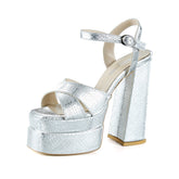 Whitney Lame Croco Önü Arkası Açık Çift Platformlu Bantlı Kalın Topuklu Abiye Ayakkabı