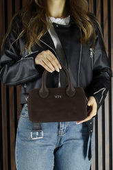 (VSN5019OC) Kahve Hakiki Dana Süet Fermuarlı Askılı İç Cepli Küçük Boy Günlük Omuz Çantası