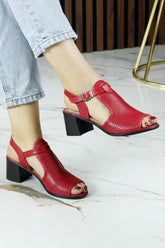 Elena Kırmızı Hakiki Dana Derisi Önü Arkası Açık Delik Detaylı Kalın Topuklu Rahat Günlük Sandalet