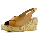 Luna Taba Hakiki Dana Derisi Çapraz Bantlı Mantar Taban Görünümlü Dolgu Topuklu Sandalet