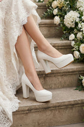 Lina Beyaz Vegan Yuvarlak Burun Kalın Platform Topuklu Gelin Ayakkabısı