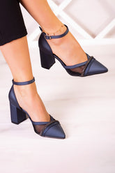 Molly Lacivert Saten Taşlı Fileli Kalın Topuklu Ayakkabı