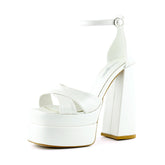 Celine İnci Beyaz Önü Açık Çapraz Bantlı Çift Platformlu Kalın Topuklu Abiye Gelin Ayakkabısı