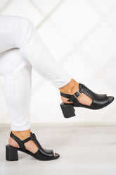 Elena Siyah Hakiki Dana Derisi Önü Arkası Açık Delik Detaylı Kalın Topuklu Rahat Günlük Sandalet