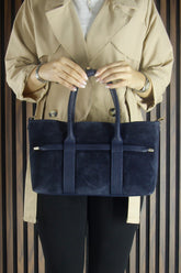 (VSN5014OC) Lacivert Hakiki Dana Süet Fermuarlı Üç Bölmeli İç Cepli Askılı Orta Boy Günlük Omuz Çantası