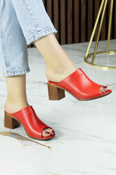 Valery Kırmızı Hakiki Dana Derisi Önü Açık Kalın Topuklu Terlik