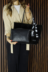 (VSN3093OC) Siyah Hakiki Dana Süet Manyetik Kapaklı Büyük Boy Günlük Omuz Çantası ve Askılı El Çantası