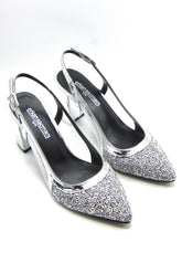 Panula Exclusive Gümüş Taşlı Fileli Arkası Açık Abiye Ayakkabı