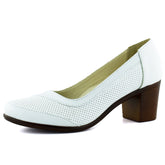 Sarah Beyaz Hakiki Dana Derisi Delik Detaylı Kalın Topuklu Günlük Klasik Ayakkabı
