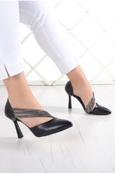 Alessi Siyah Vegan Taşlı Sivri Burun İnce Topuklu Abiye Ayakkabı