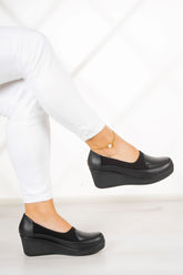 Priscilla Siyah Hakiki Deri Dolgu Topuklu Streç Günlük Ayakkabı