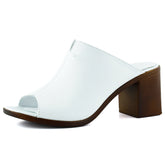 Valery Beyaz Hakiki Dana Derisi Önü Açık Kalın Topuklu Terlik