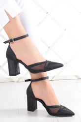 Millie Siyah Saten Fileli Kalın Topuklu Abiye Ayakkabı