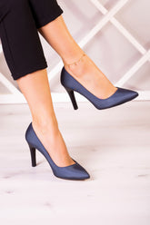 Gowa Plus Lacivert Saten Sivri Burun İnce Topuklu Abiye Stiletto Ayakkabı