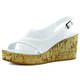 Serie Beyaz Hakiki Dana Derisi Delik Detaylı Mantar Taban Görünümlü Dolgu Topuklu Slingback Sandalet