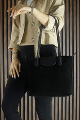 (VSN5017OC) Siyah Hakiki Dana Süet Fermuarlı Manyetik Kapaklı Büyük Boy Günlük Omuz Çantası