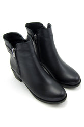 Zandra Siyah Hakiki Deri Yandan Fermuarlı Kalın Topuklu Bot