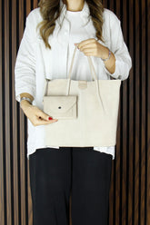 (VSN5010OC) Bej Hakiki Dana Süet Manyetik Kapaklı İç Cepli Askılı Günlük Büyük Boy Omuz Çantası ve Cüzdanı