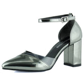 Aurora Platin Ayna Şeffaf Tasarım Sivri Burun Kalın Topuklu Klasik Ayakkabı